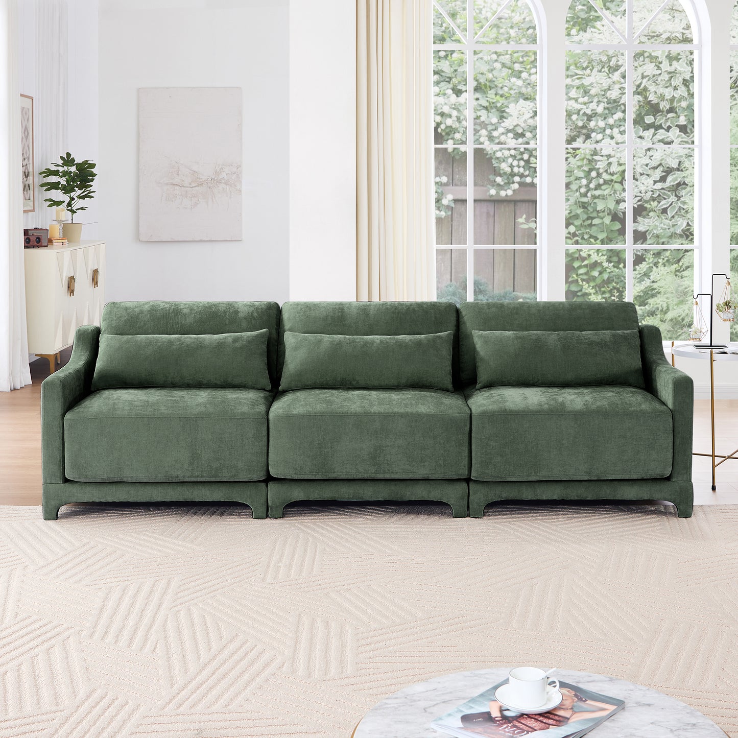 Three - seater sofa with lumbar pillow,Chenille, ergonomic, wooden base,high - resilience sponge, elegant armrests, easy install,suits bedrooms, studies, hotels, apartments,Green