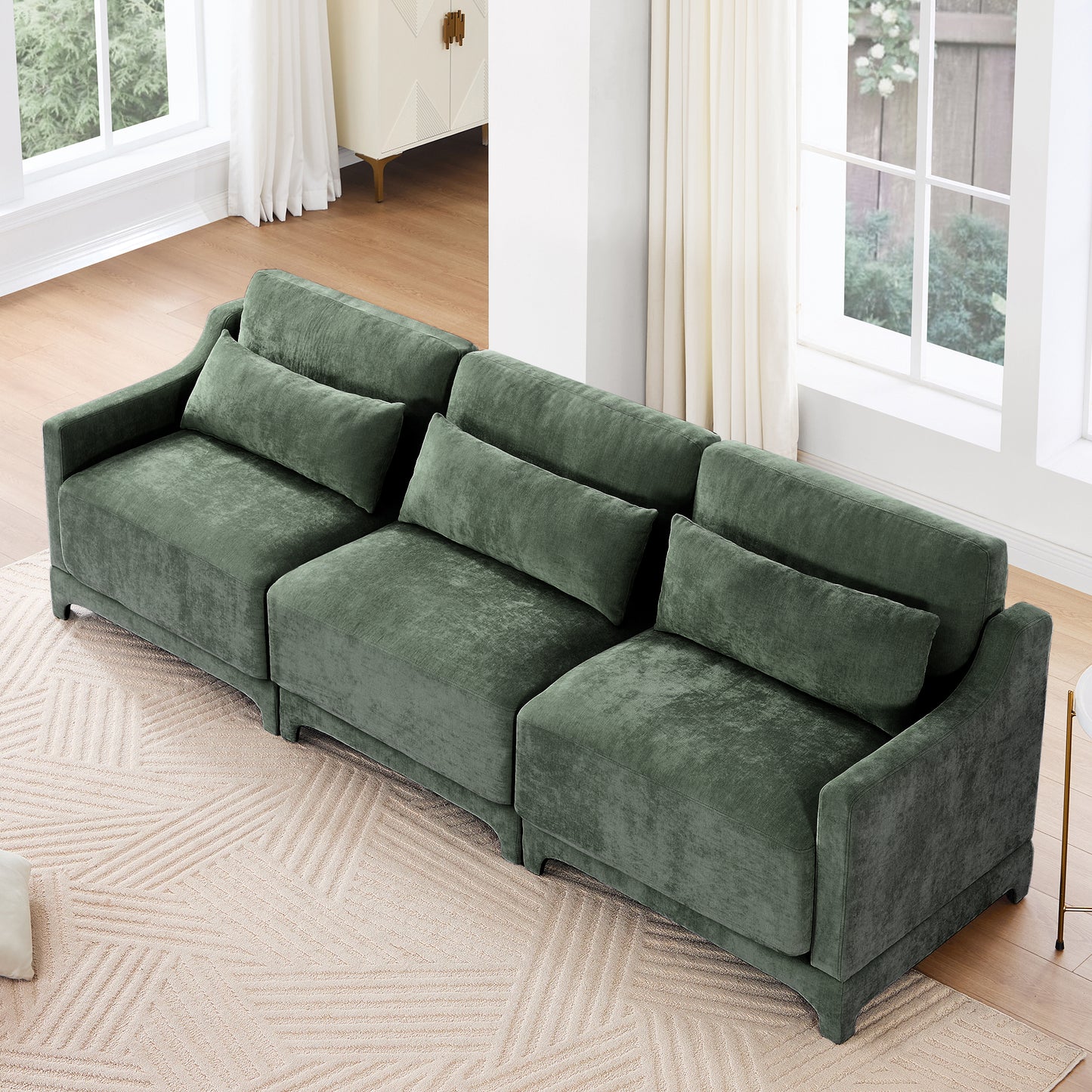 Three - seater sofa with lumbar pillow,Chenille, ergonomic, wooden base,high - resilience sponge, elegant armrests, easy install,suits bedrooms, studies, hotels, apartments,Green