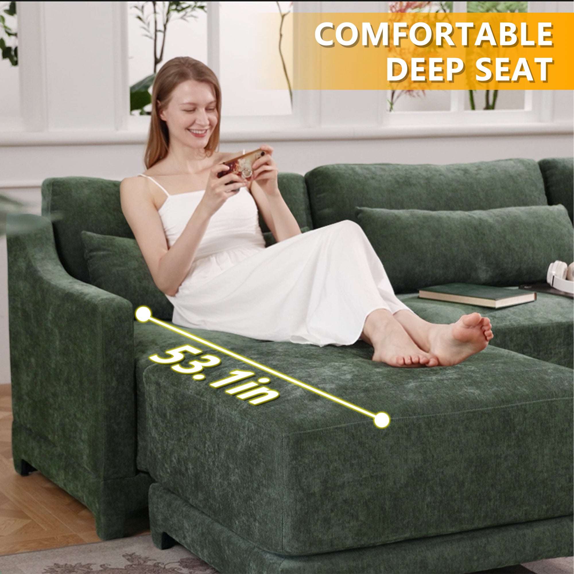 Three - seater sofa with lumbar pillow,Chenille, ergonomic, wooden base,high - resilience sponge, elegant armrests, easy install,suits bedrooms, studies, hotels, apartments,Green