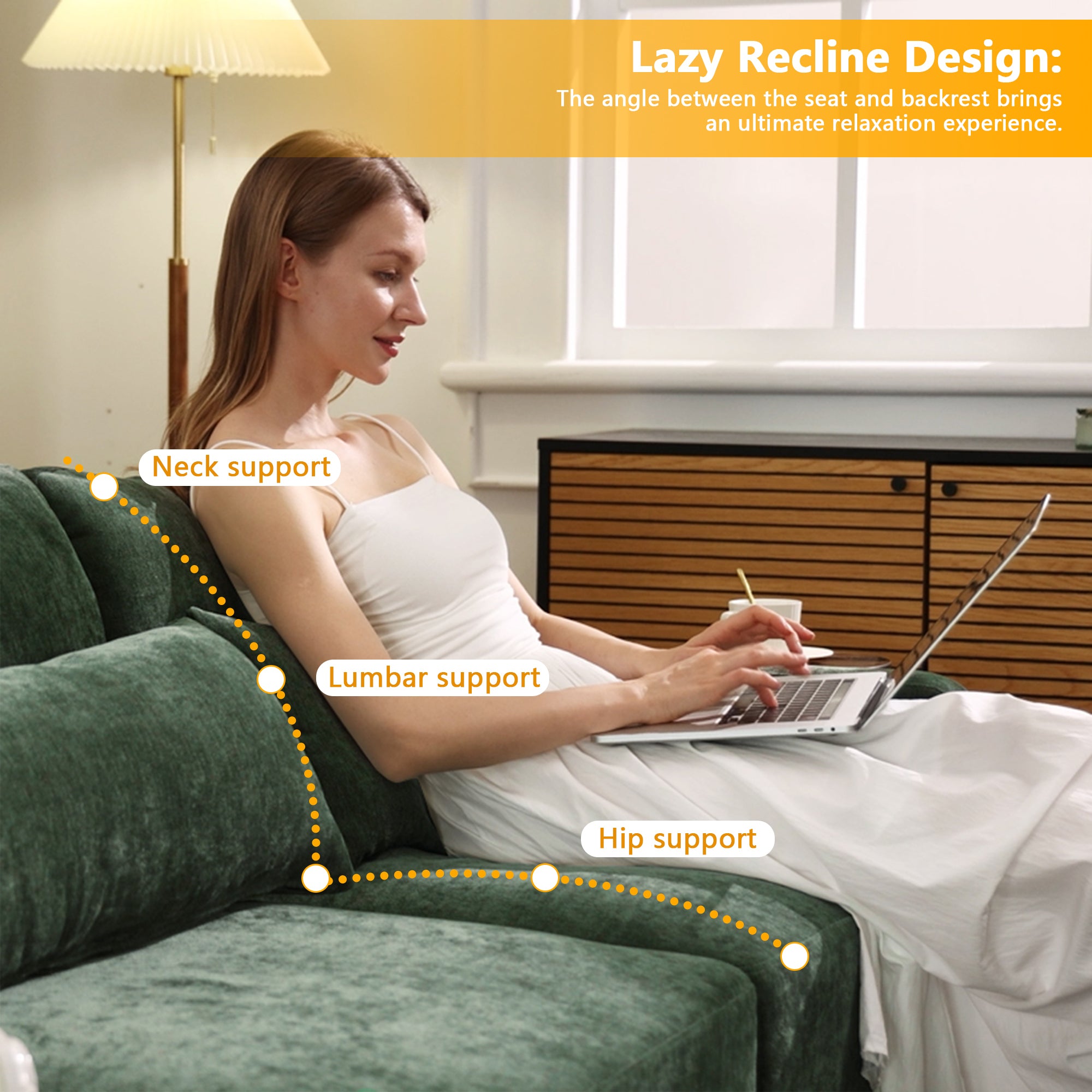 Three - seater sofa with lumbar pillow,Chenille, ergonomic, wooden base,high - resilience sponge, elegant armrests, easy install,suits bedrooms, studies, hotels, apartments,Green