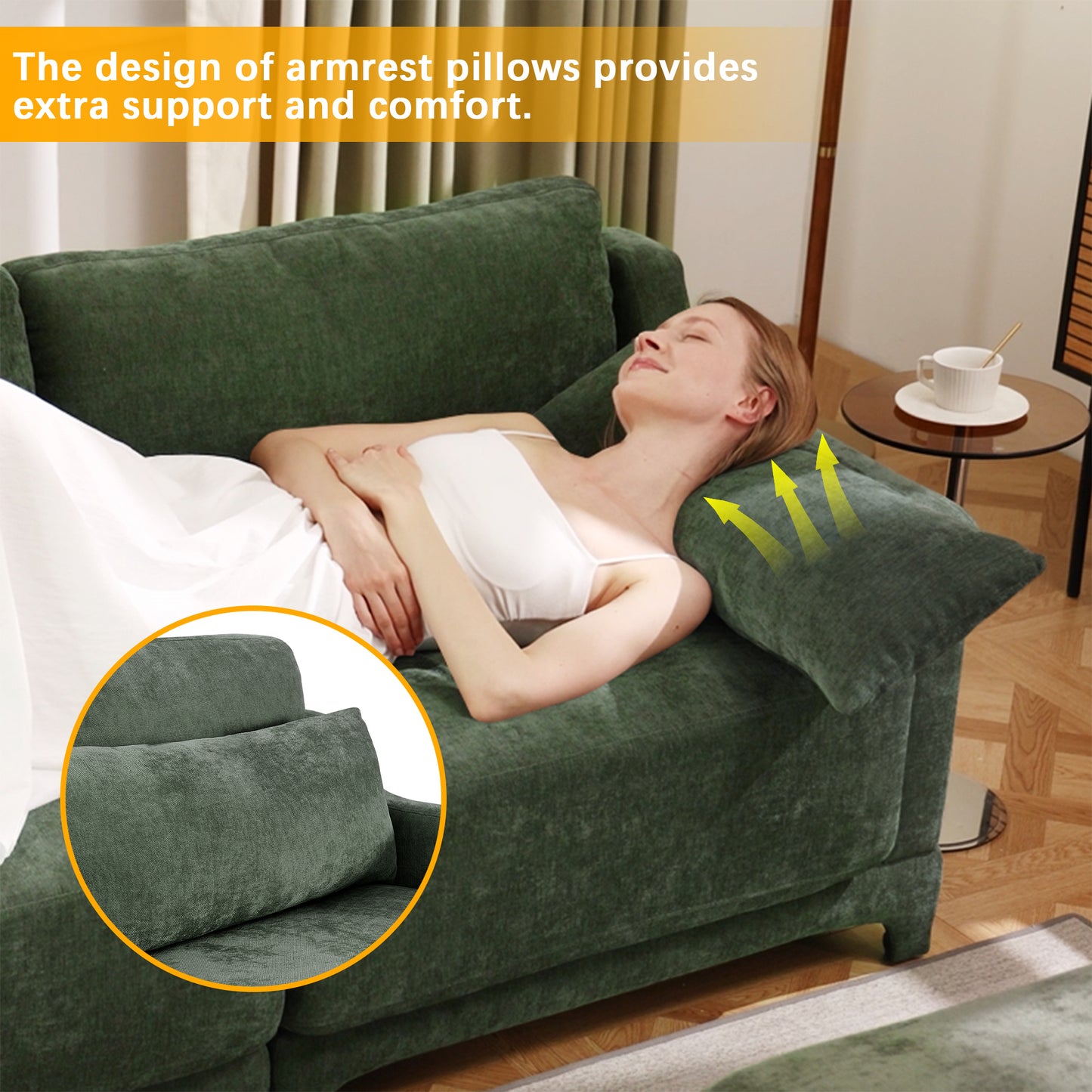 Three - seater sofa with lumbar pillow,Chenille, ergonomic, wooden base,high - resilience sponge, elegant armrests, easy install,suits bedrooms, studies, hotels, apartments,Green