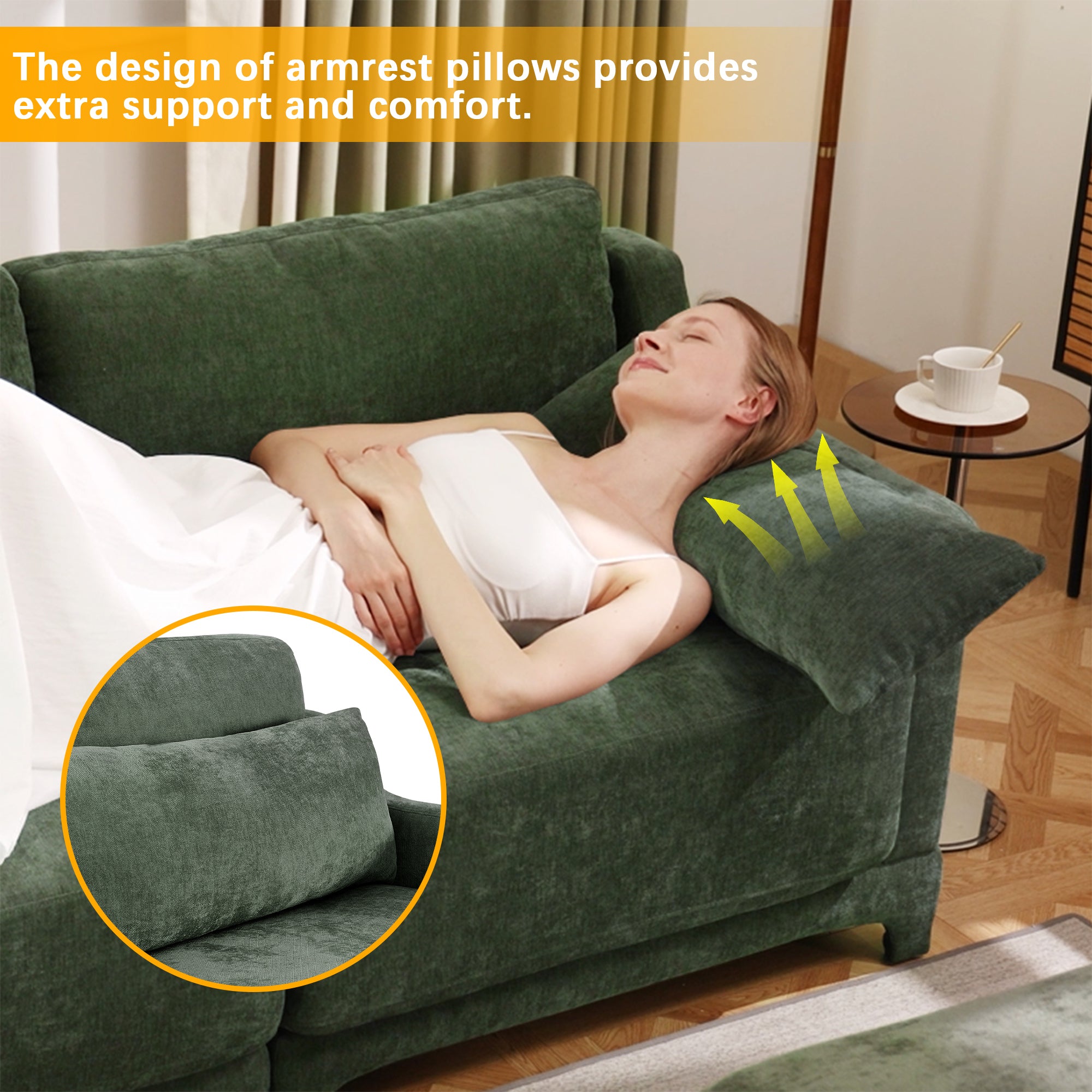 Three - seater sofa with lumbar pillow,Chenille, ergonomic, wooden base,high - resilience sponge, elegant armrests, easy install,suits bedrooms, studies, hotels, apartments,Green