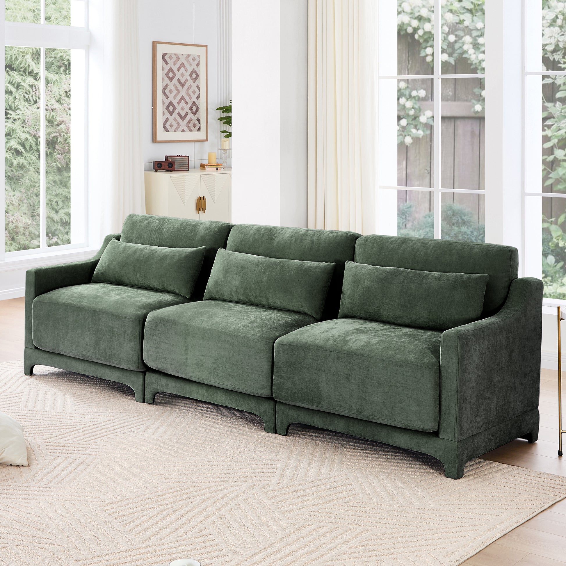 Three - seater sofa with lumbar pillow,Chenille, ergonomic, wooden base,high - resilience sponge, elegant armrests, easy install,suits bedrooms, studies, hotels, apartments,Green