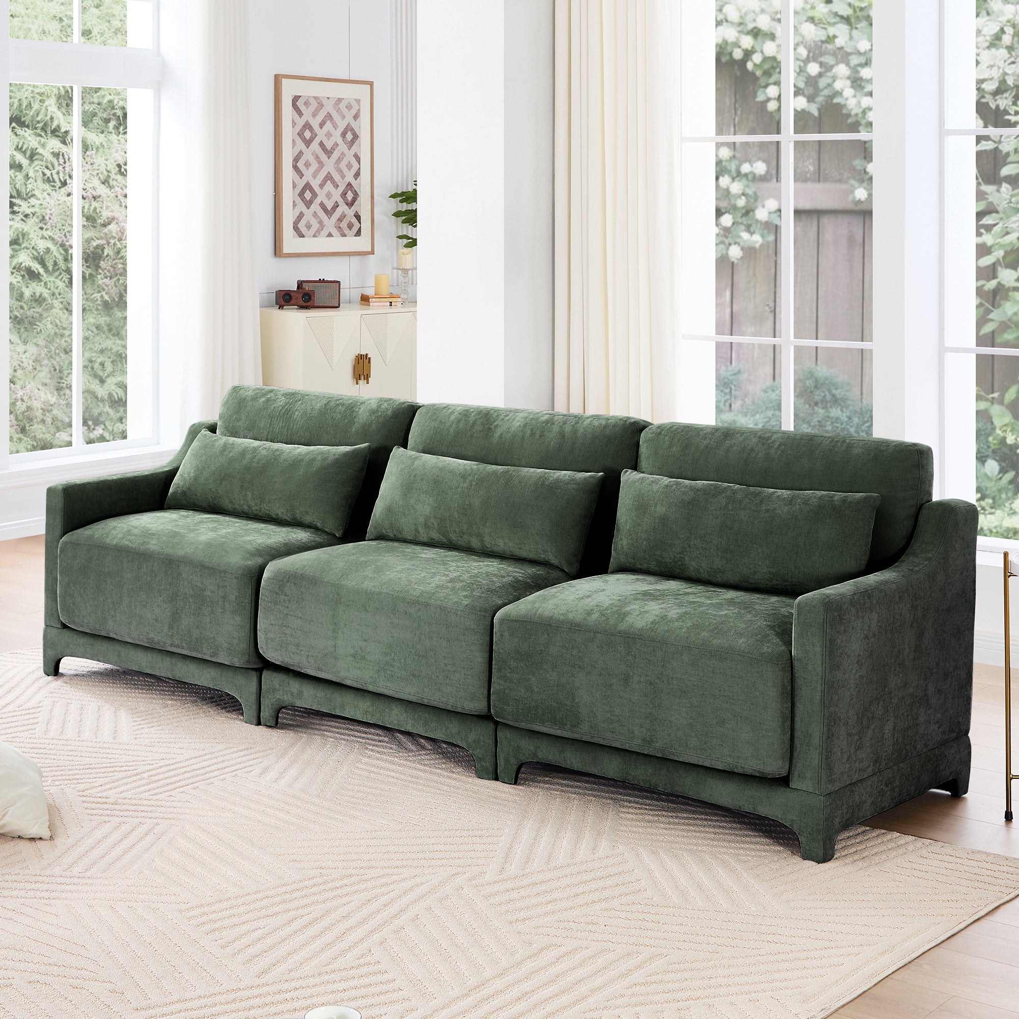 Three - seater sofa with lumbar pillow,Chenille, ergonomic, wooden base,high - resilience sponge, elegant armrests, easy install,suits bedrooms, studies, hotels, apartments,Green