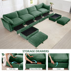U Shape 4 Seater Deep Seat Sofa Couch with Ottomans,4-Seat Sofa with with 2 Movable Ottomans,, Oversized Modular Sectional Sofa with 6 Seats and Storage Pull out Drawer Under Each Seat,Chenille Green
