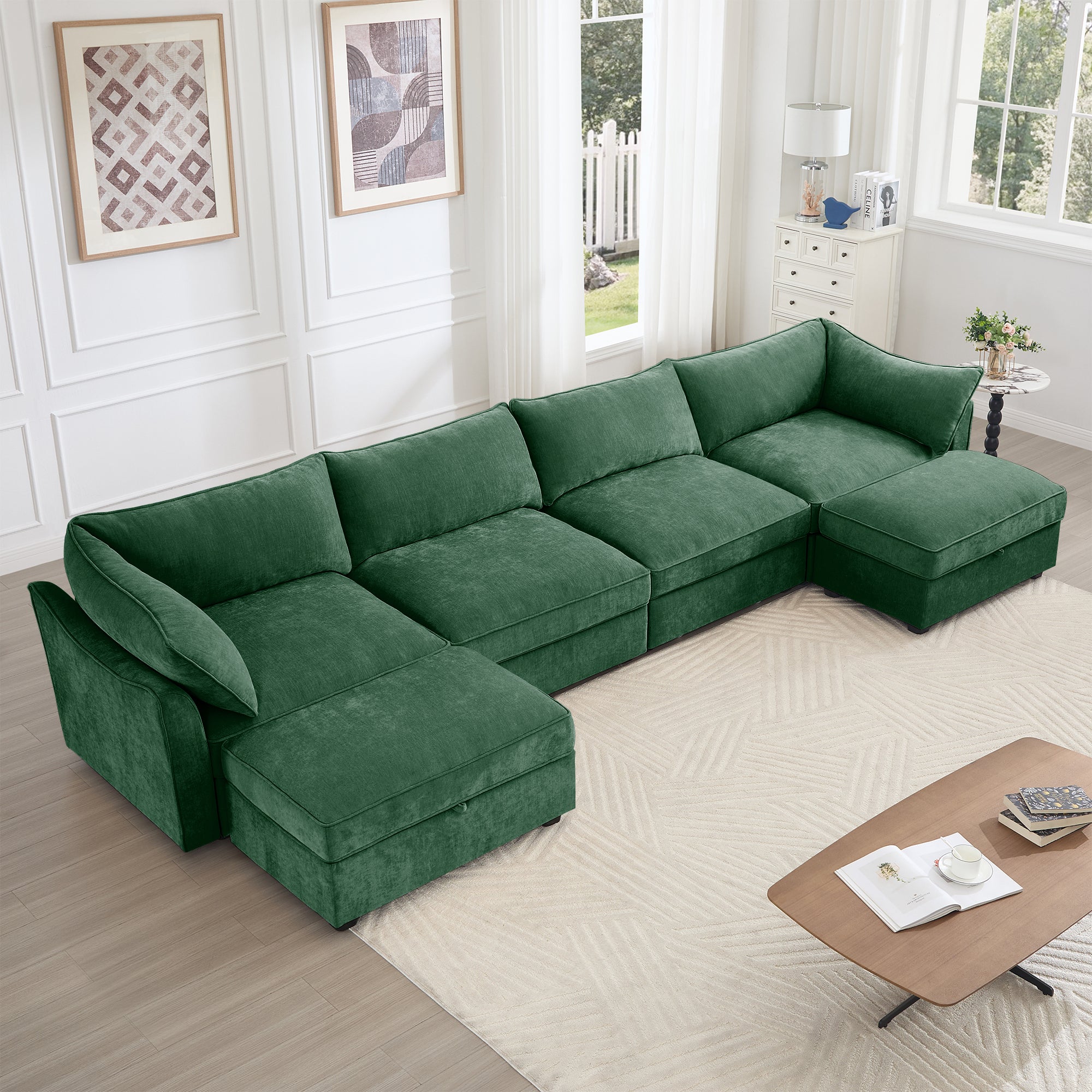 U Shape 4 Seater Deep Seat Sofa Couch with Ottomans,4-Seat Sofa with with 2 Movable Ottomans,, Oversized Modular Sectional Sofa with 6 Seats and Storage Pull out Drawer Under Each Seat,Chenille Green