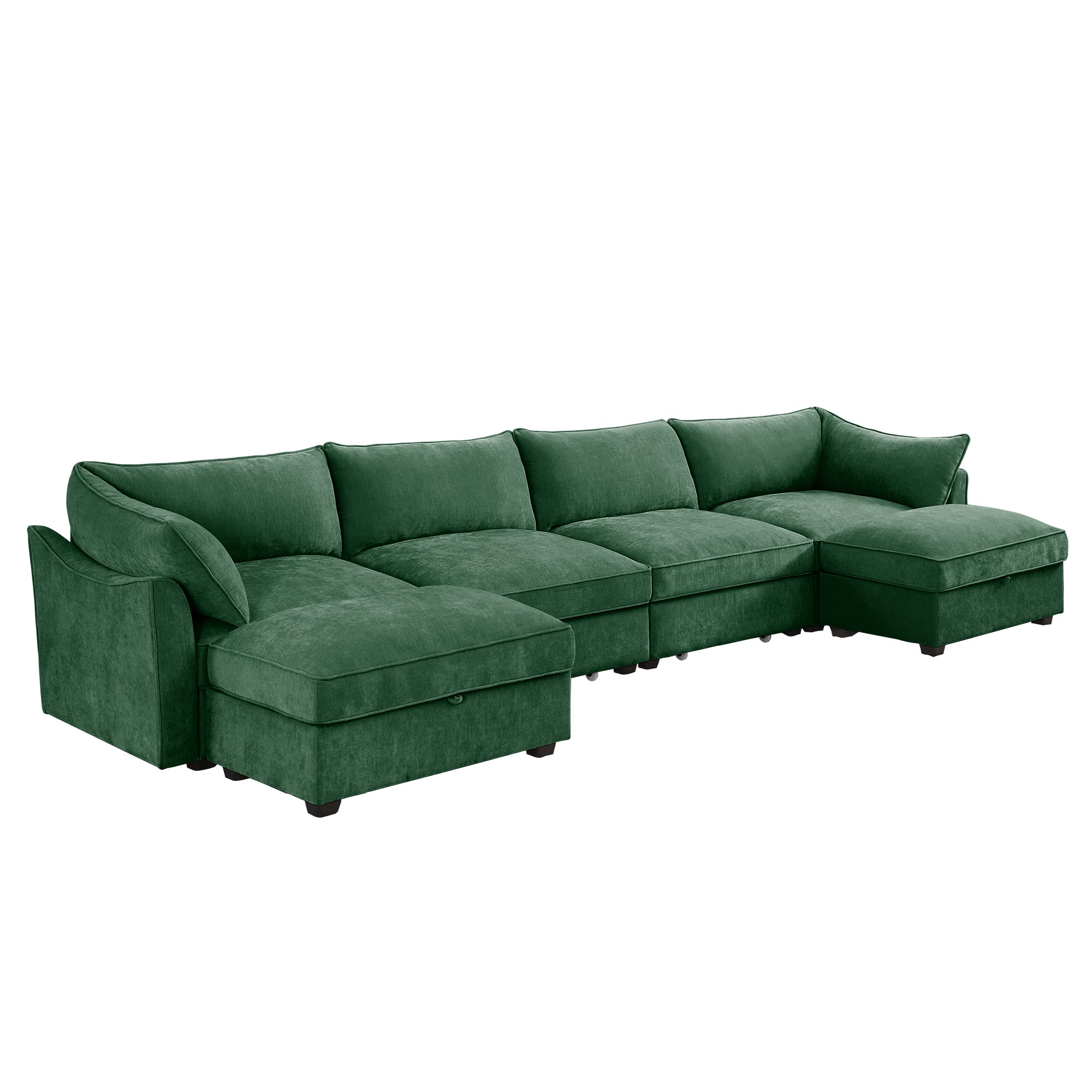 U Shape 4 Seater Deep Seat Sofa Couch with Ottomans,4-Seat Sofa with with 2 Movable Ottomans,, Oversized Modular Sectional Sofa with 6 Seats and Storage Pull out Drawer Under Each Seat,Chenille Green