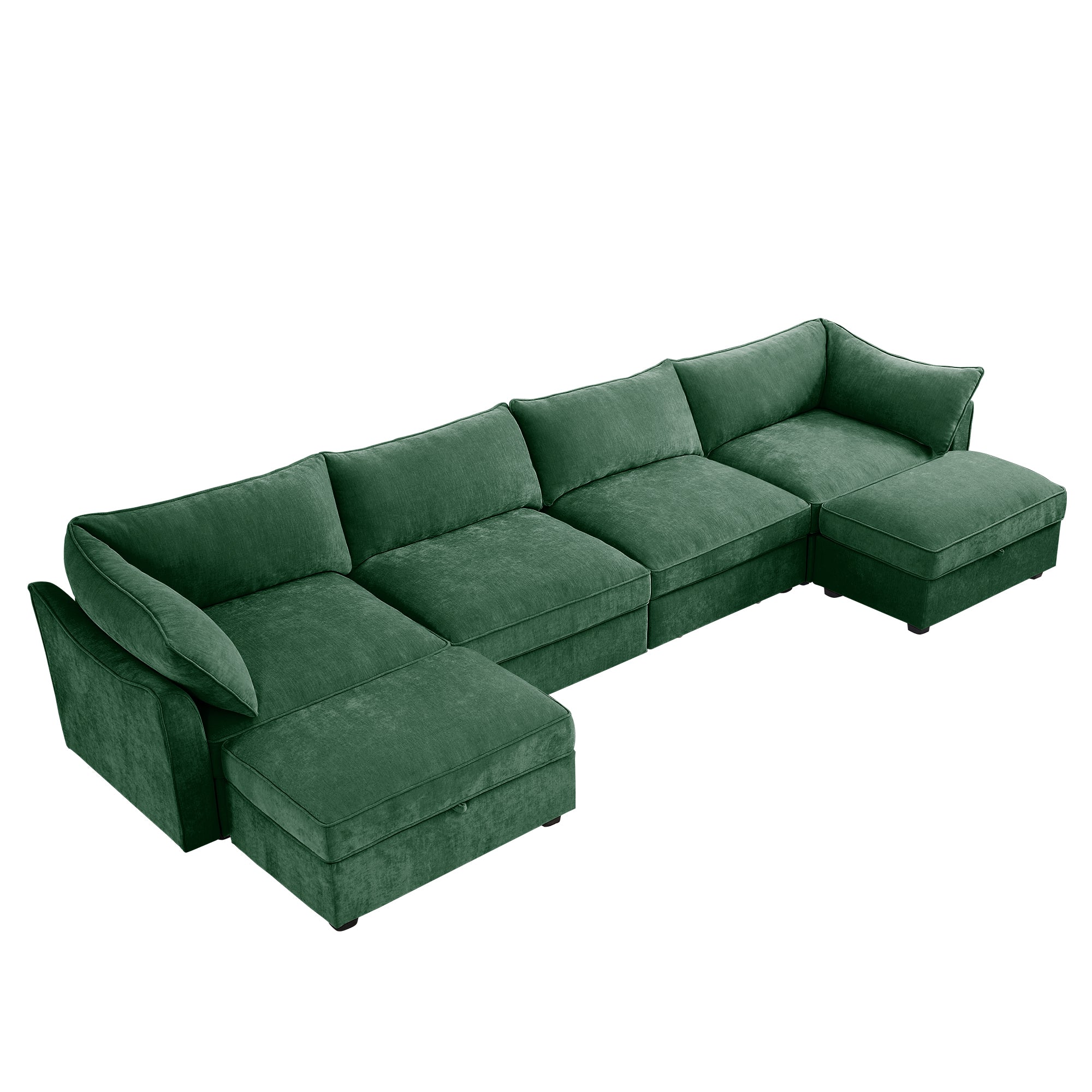 U Shape 4 Seater Deep Seat Sofa Couch with Ottomans,4-Seat Sofa with with 2 Movable Ottomans,, Oversized Modular Sectional Sofa with 6 Seats and Storage Pull out Drawer Under Each Seat,Chenille Green