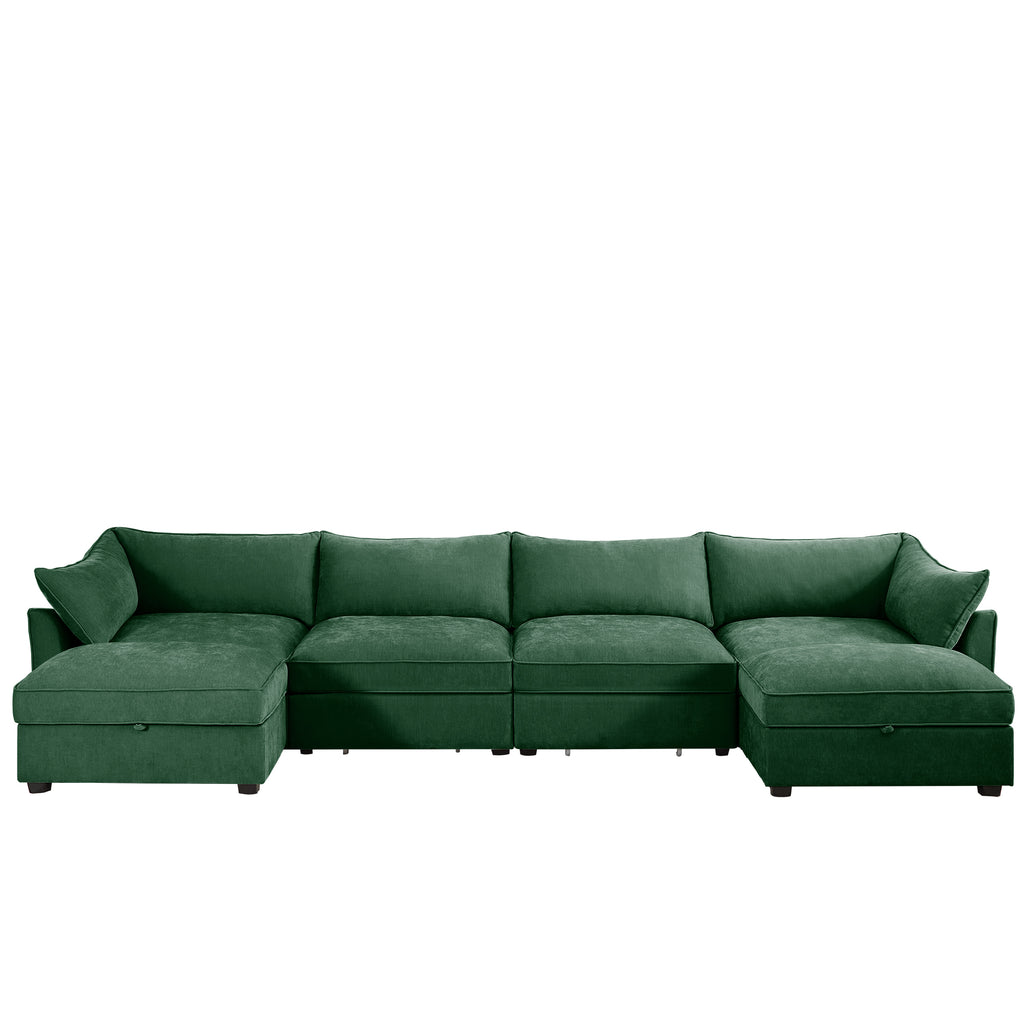 U Shape 4 Seater Deep Seat Sofa Couch with Ottomans,4-Seat Sofa with with 2 Movable Ottomans,, Oversized Modular Sectional Sofa with 6 Seats and Storage Pull out Drawer Under Each Seat,Chenille Green