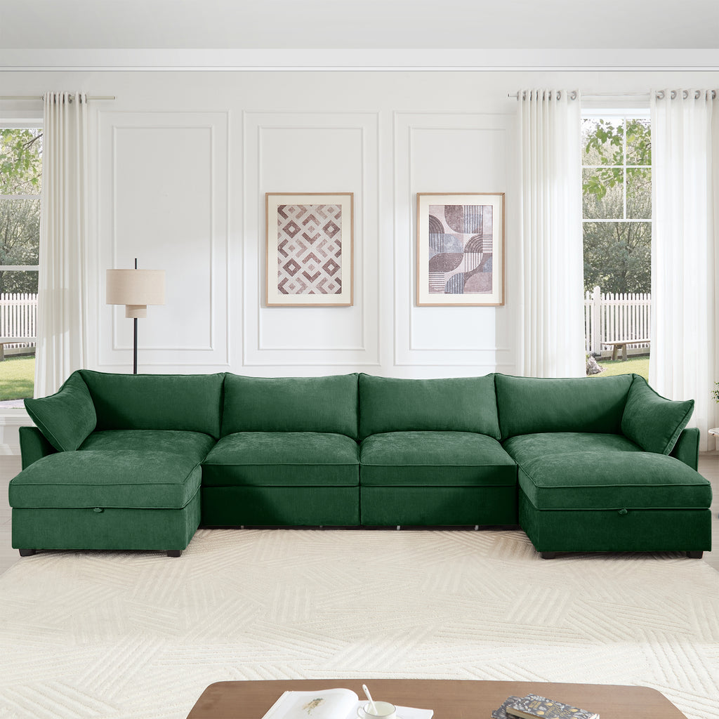 U Shape 4 Seater Deep Seat Sofa Couch with Ottomans,4-Seat Sofa with with 2 Movable Ottomans,, Oversized Modular Sectional Sofa with 6 Seats and Storage Pull out Drawer Under Each Seat,Chenille Green