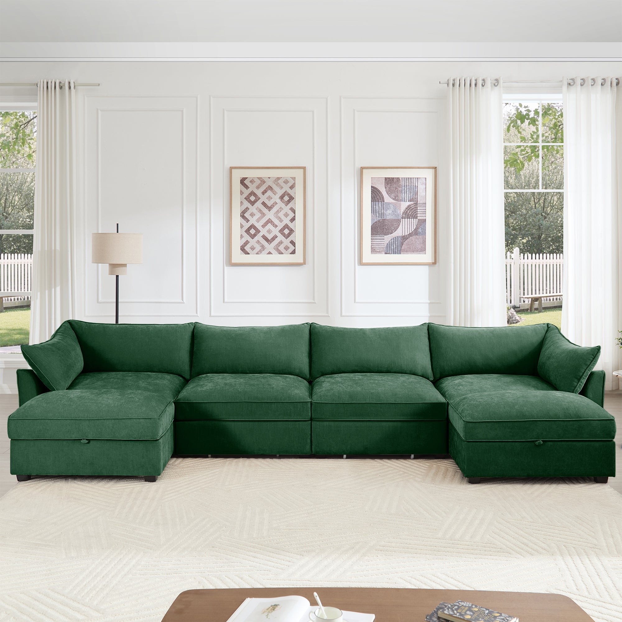 U Shape 4 Seater Deep Seat Sofa Couch with Ottomans,4-Seat Sofa with with 2 Movable Ottomans,, Oversized Modular Sectional Sofa with 6 Seats and Storage Pull out Drawer Under Each Seat,Chenille Green