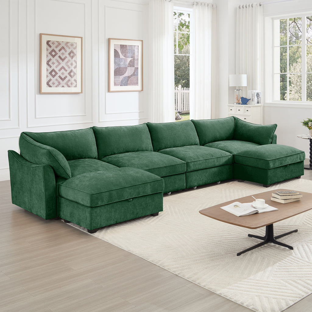 U Shape 4 Seater Deep Seat Sofa Couch with Ottomans,4-Seat Sofa with with 2 Movable Ottomans,, Oversized Modular Sectional Sofa with 6 Seats and Storage Pull out Drawer Under Each Seat,Chenille Green