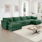 U Shape 4 Seater Deep Seat Sofa Couch with Ottomans,4-Seat Sofa with with 2 Movable Ottomans,, Oversized Modular Sectional Sofa with 6 Seats and Storage Pull out Drawer Under Each Seat,Chenille Green