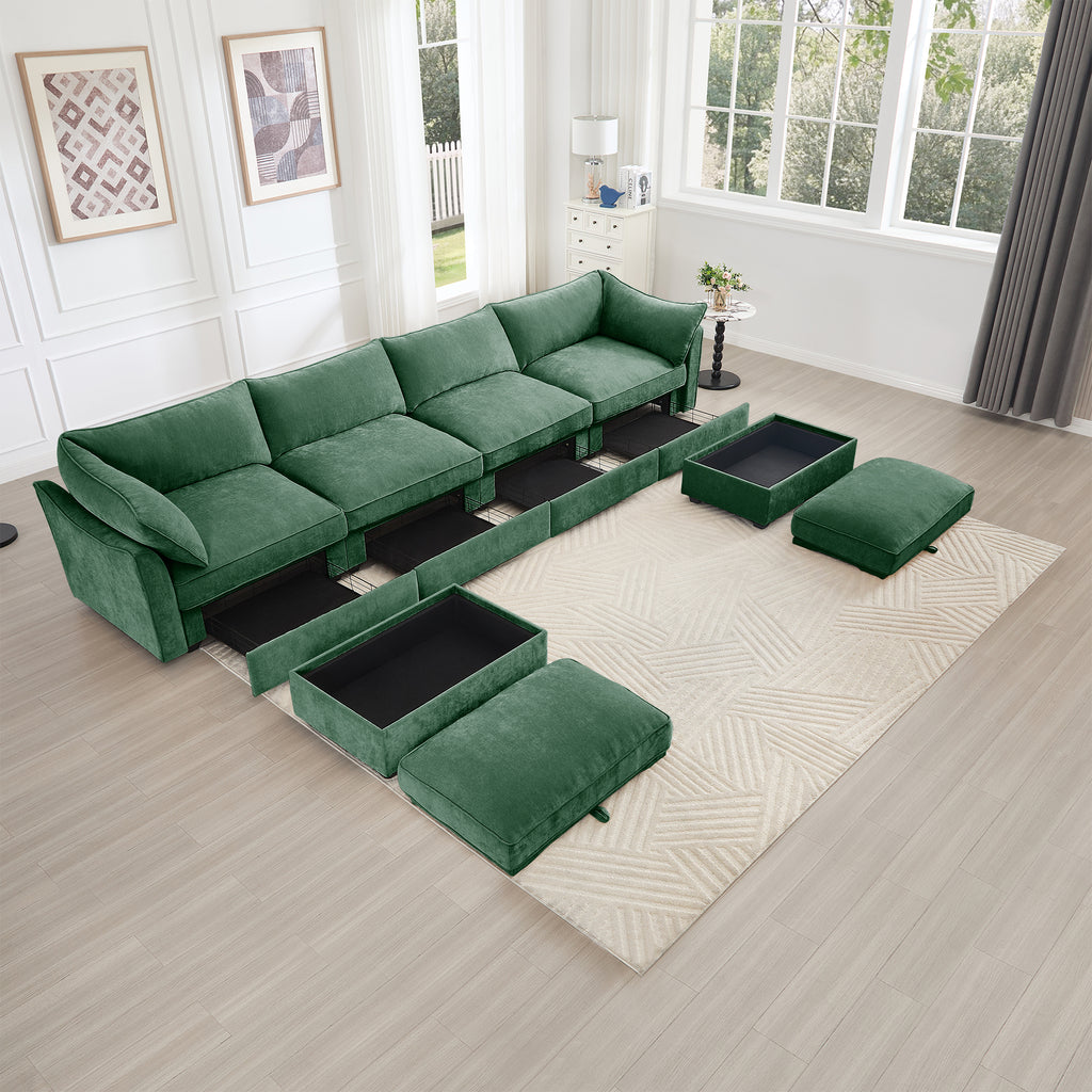 U Shape 4 Seater Deep Seat Sofa Couch with Ottomans,4-Seat Sofa with with 2 Movable Ottomans,, Oversized Modular Sectional Sofa with 6 Seats and Storage Pull out Drawer Under Each Seat,Chenille Green