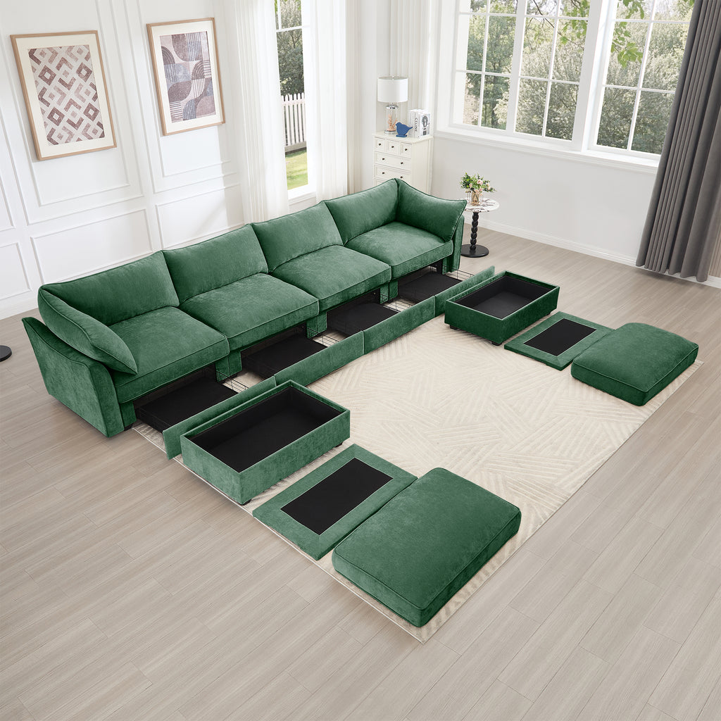 U Shape 4 Seater Deep Seat Sofa Couch with Ottomans,4-Seat Sofa with with 2 Movable Ottomans,, Oversized Modular Sectional Sofa with 6 Seats and Storage Pull out Drawer Under Each Seat,Chenille Green