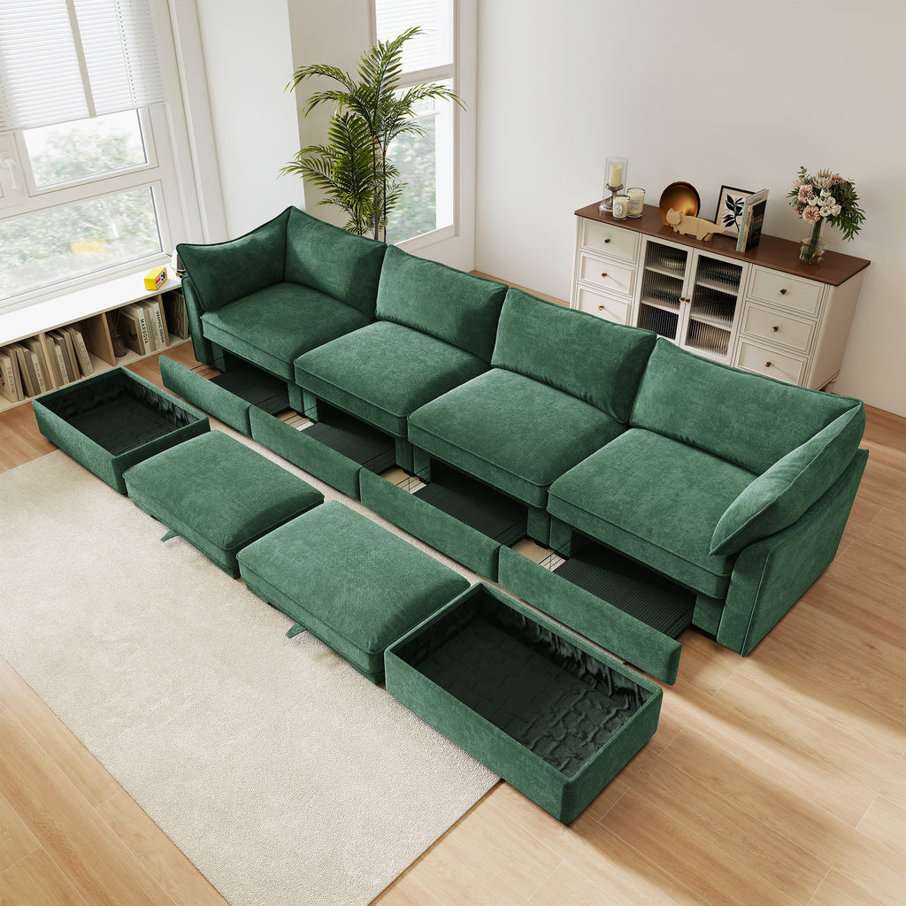 U Shape 4 Seater Deep Seat Sofa Couch with Ottomans,4-Seat Sofa with with 2 Movable Ottomans,, Oversized Modular Sectional Sofa with 6 Seats and Storage Pull out Drawer Under Each Seat,Chenille Green