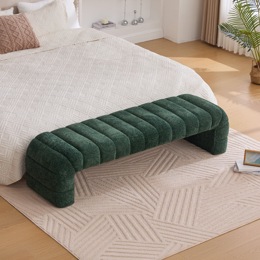 Modern Upholstered Armless Bed Bench with Channel Tufting in Green Chenille, 69.7' Wide