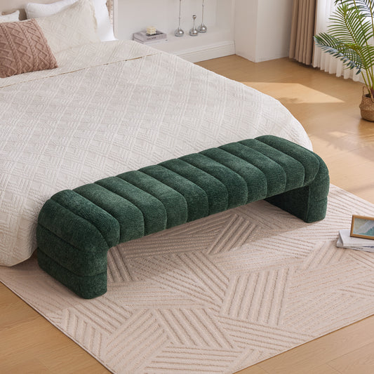 Modern Upholstered Armless Bed Bench with Channel Tufting in Green Chenille, 69.7' Wide