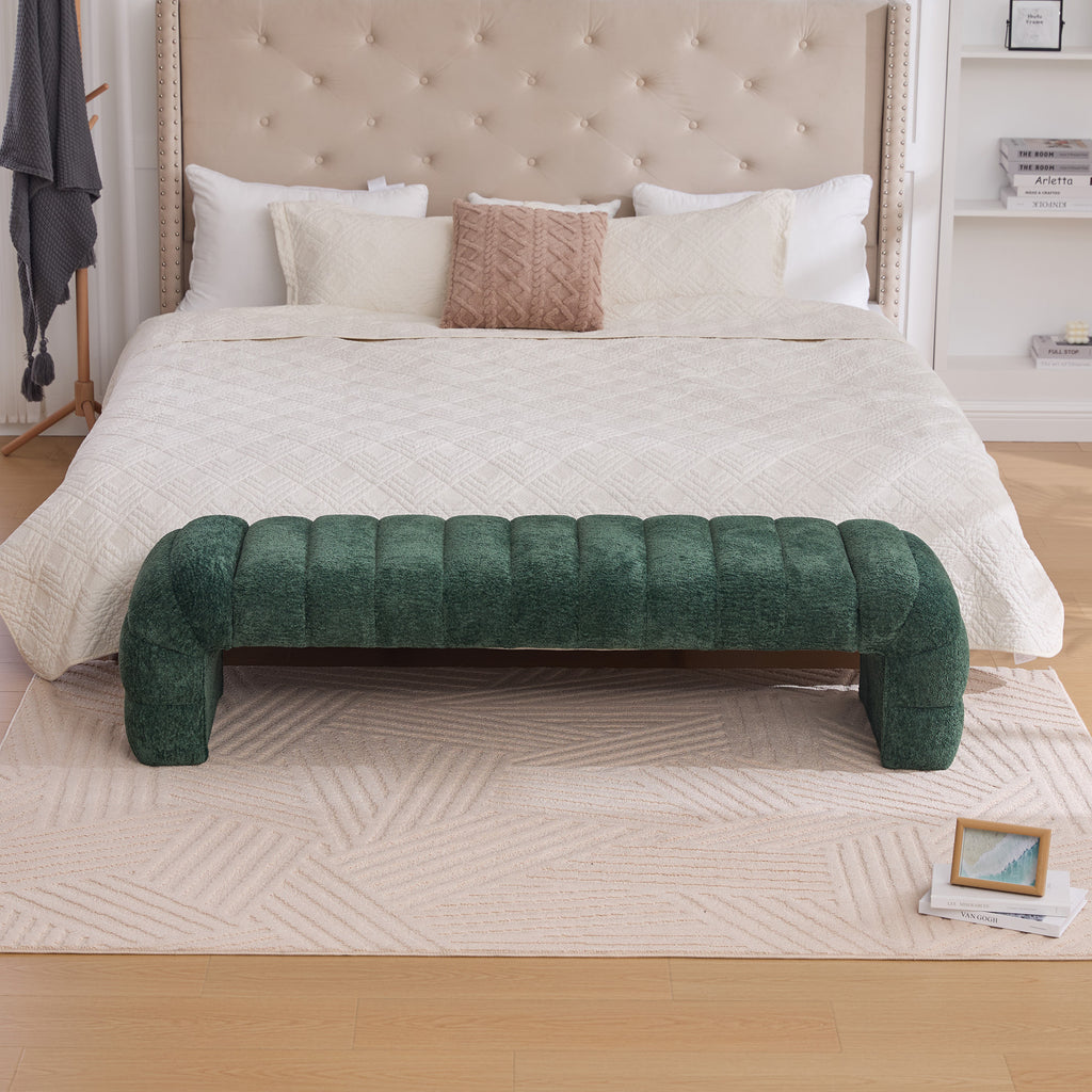 Modern Upholstered Armless Bed Bench with Channel Tufting in Green Chenille, 69.7' Wide