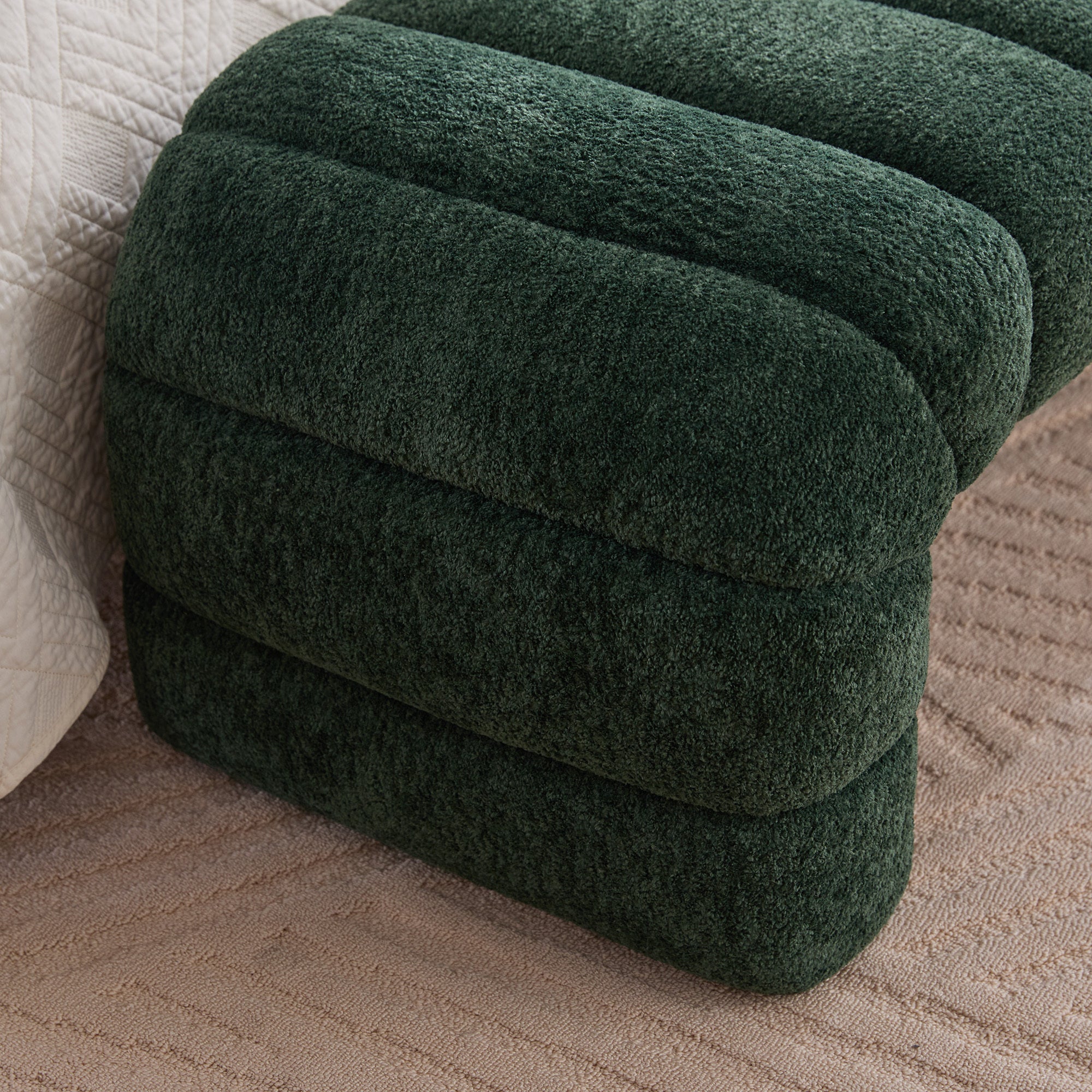 Modern Upholstered Armless Bed Bench with Channel Tufting in Green Chenille, 69.7' Wide