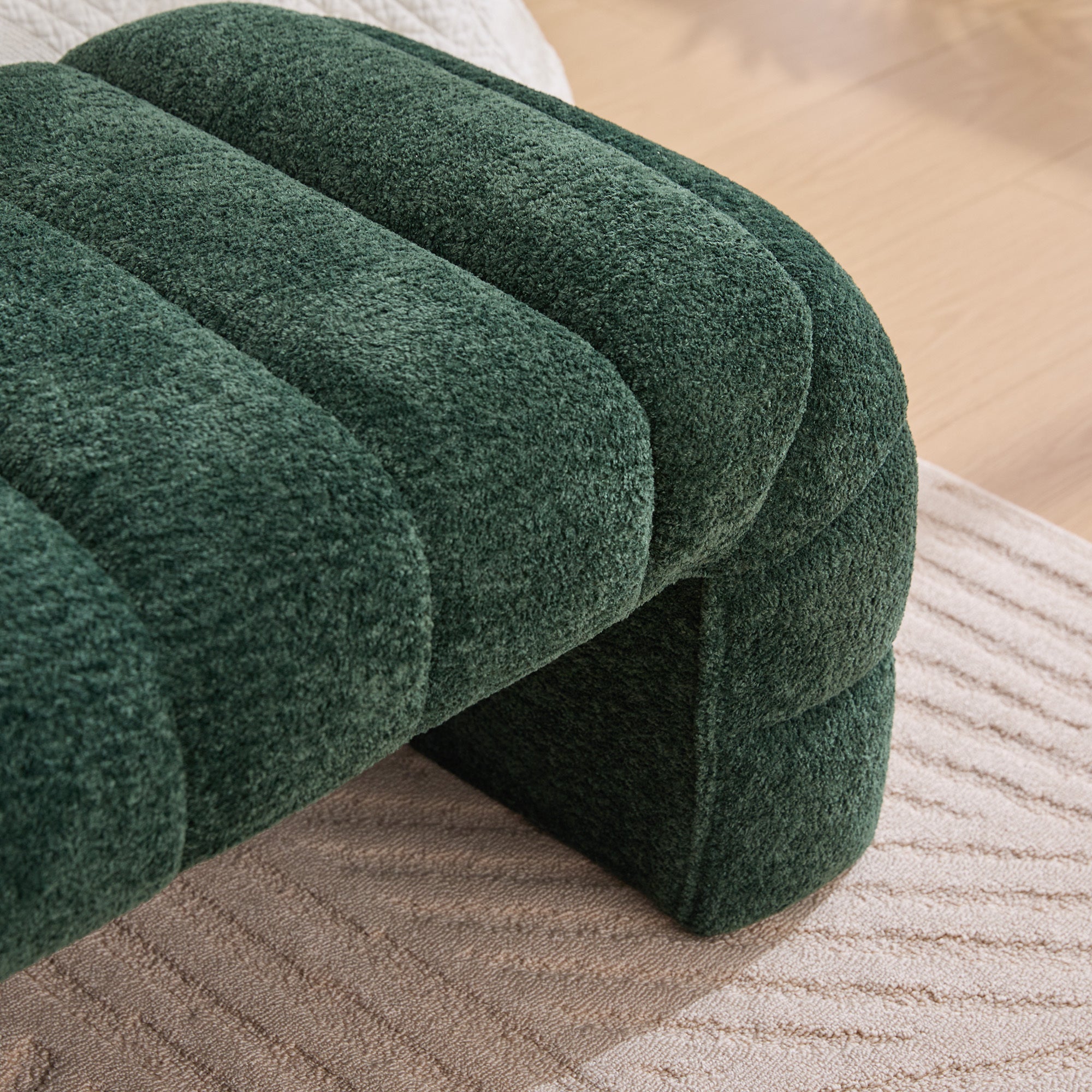 Modern Upholstered Armless Bed Bench with Channel Tufting in Green Chenille, 69.7' Wide