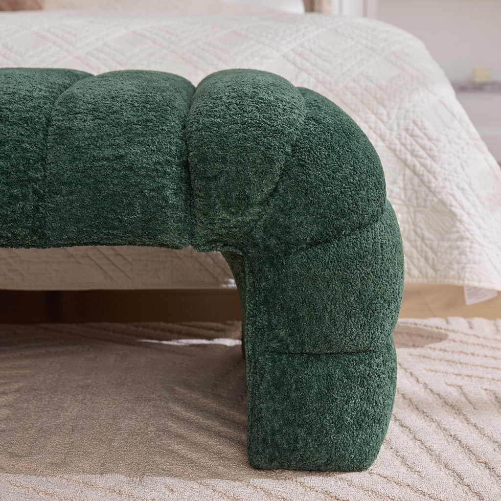 Modern Upholstered Armless Bed Bench with Channel Tufting in Green Chenille, 69.7' Wide