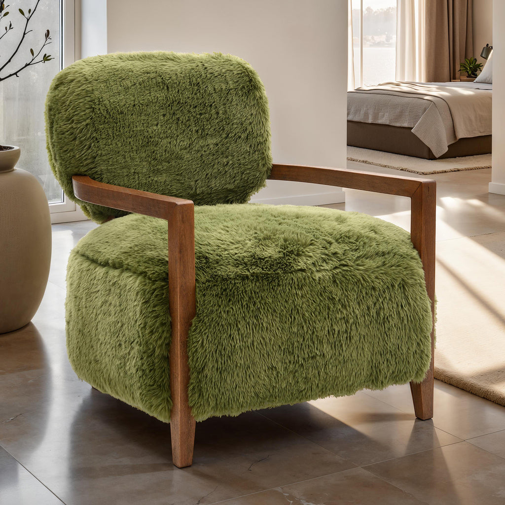 1pc Accent Chair Raked Wooden Arms Tight Back And Seat Short Ultra Soft Faux Fur Contemporary Green Finish Primary Room Furniture Accent Chair