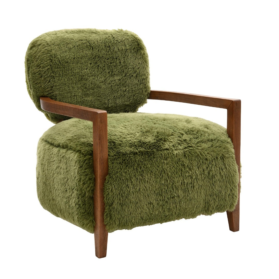 1pc Accent Chair Raked Wooden Arms Tight Back And Seat Short Ultra Soft Faux Fur Contemporary Green Finish Primary Room Furniture Accent Chair