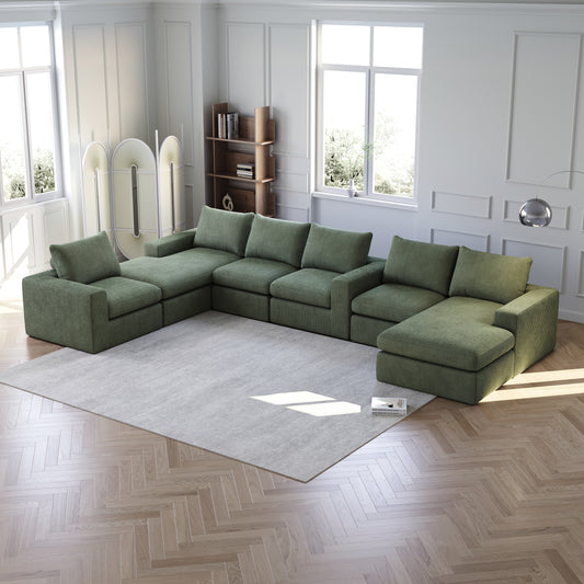 Corduroy Cloud Sectional Sofa with Chaise, L-Shaped Modern Upholstered Sectional Sofa with Three pillows, Corduroy Sectional Sofa for Living Room and Bedroom, No Assembly Required