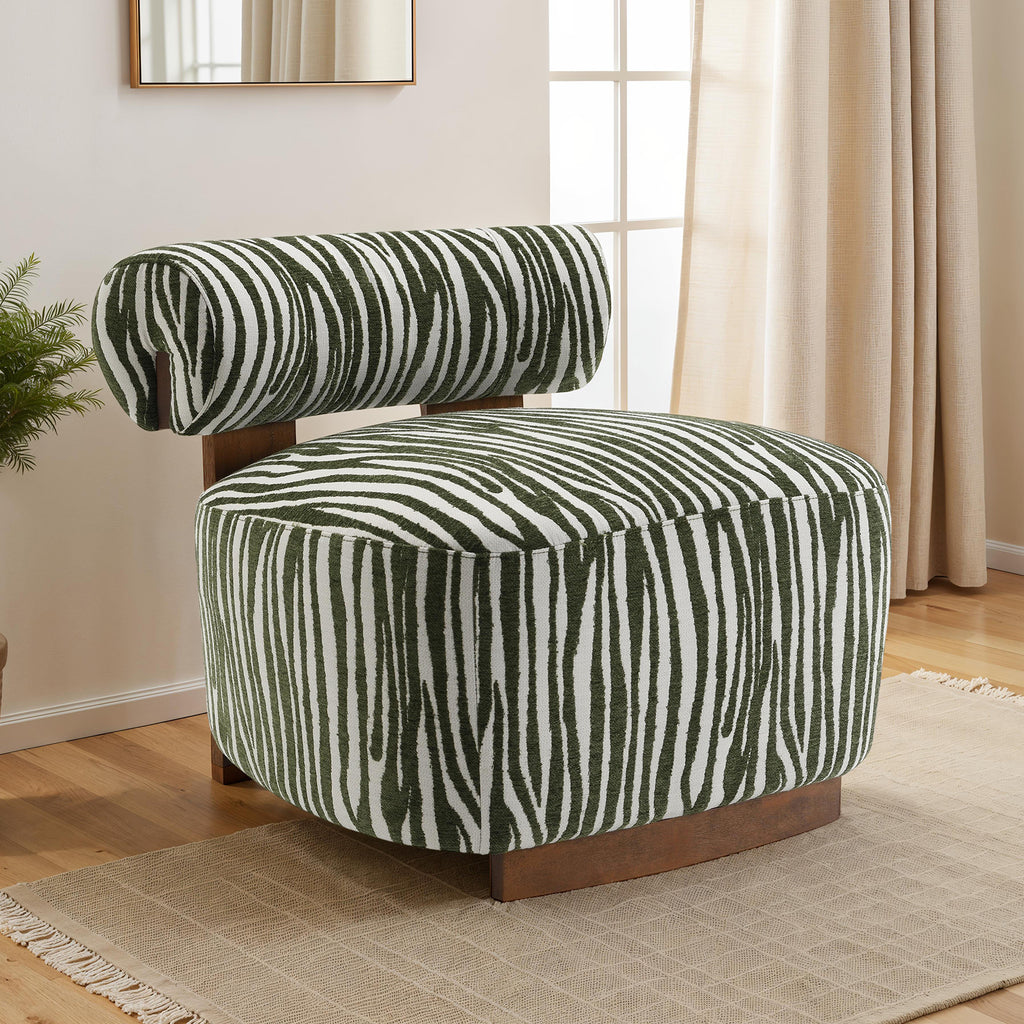 Green Finish 1pc Accent Chair Cylindrical Backrest High Density Foam Zebra Strip Fabric Primary Living Room Accent Chair