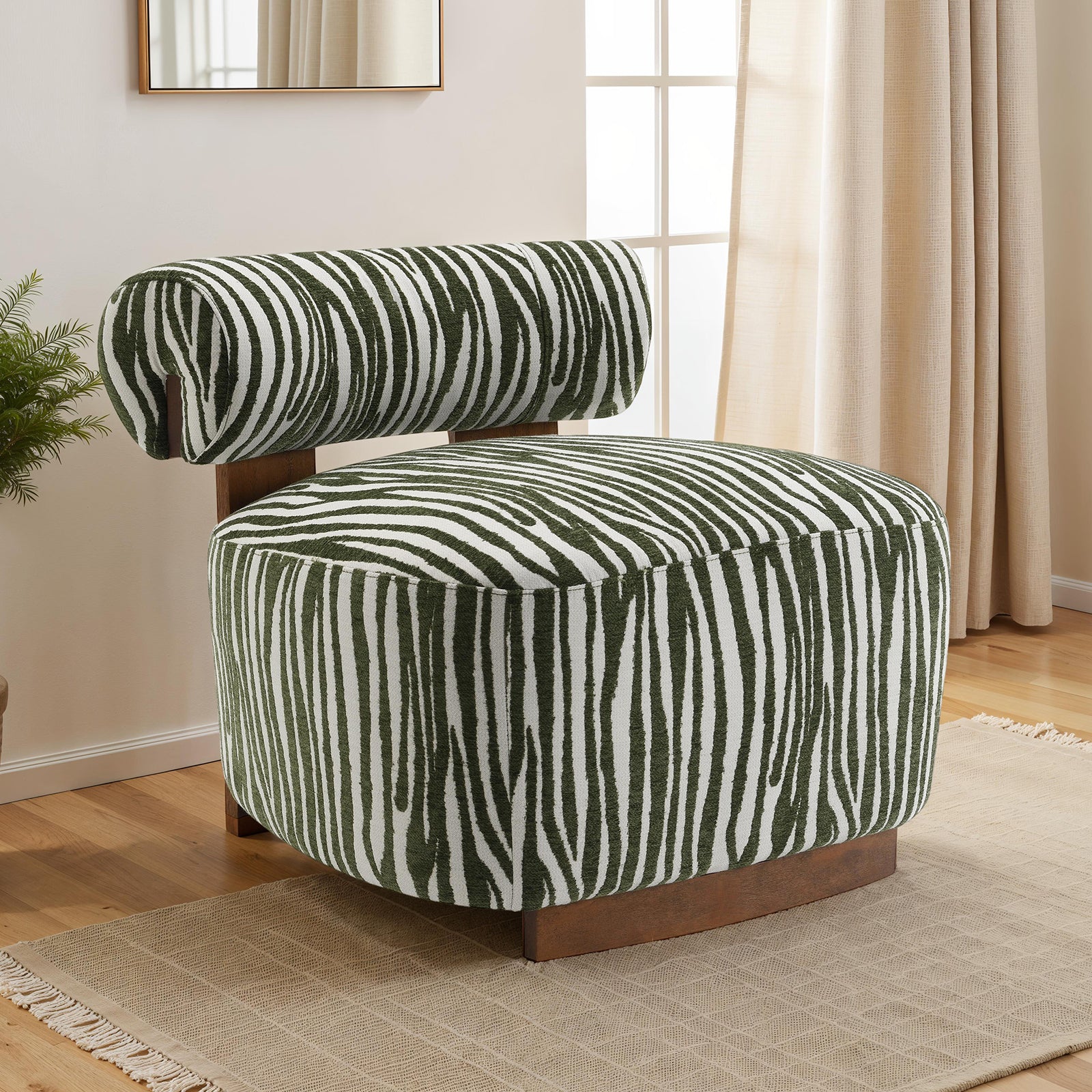 Green Finish 1pc Accent Chair Cylindrical Backrest High Density Foam Zebra Strip Fabric Primary Living Room Accent Chair