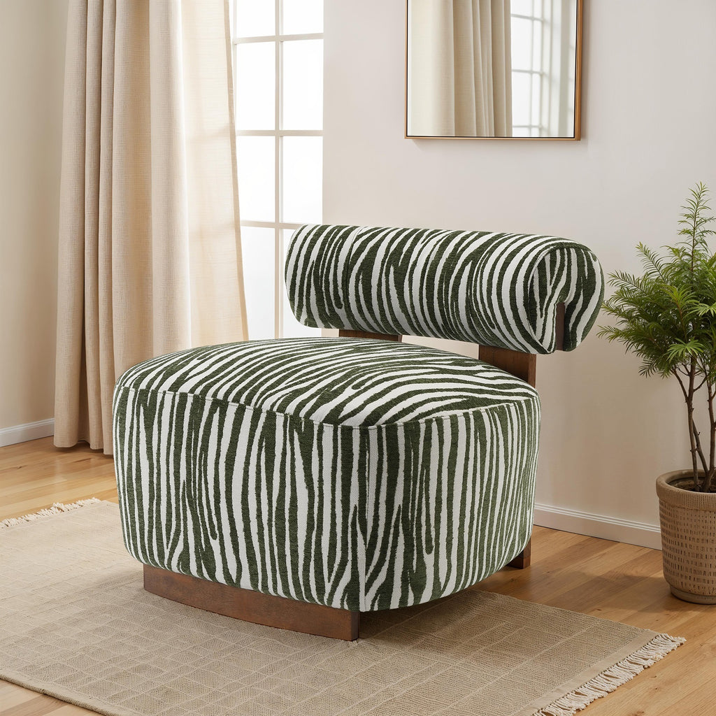 Green Finish 1pc Accent Chair Cylindrical Backrest High Density Foam Zebra Strip Fabric Primary Living Room Accent Chair