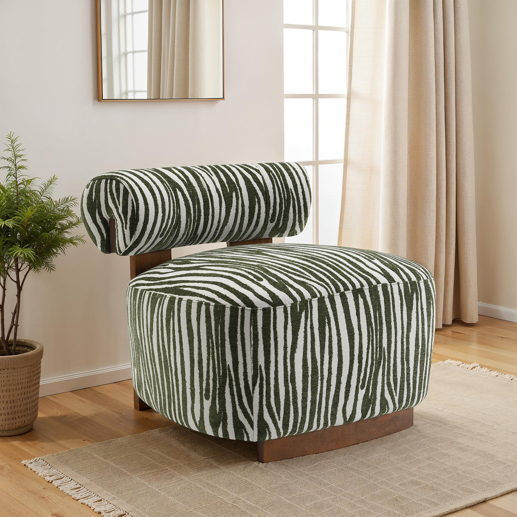 Green Finish 1pc Accent Chair Cylindrical Backrest High Density Foam Zebra Strip Fabric Primary Living Room Accent Chair