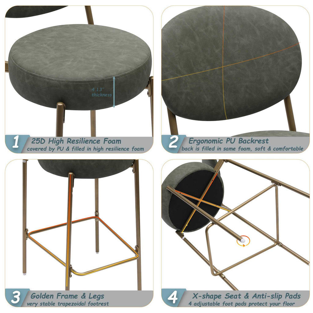 29'' H Seat Height Upholstered Bar Stools Set of 2 Faux Leather Counter Dining Stool with Golden Legs Modern Round Kitchen Chairs (Green)