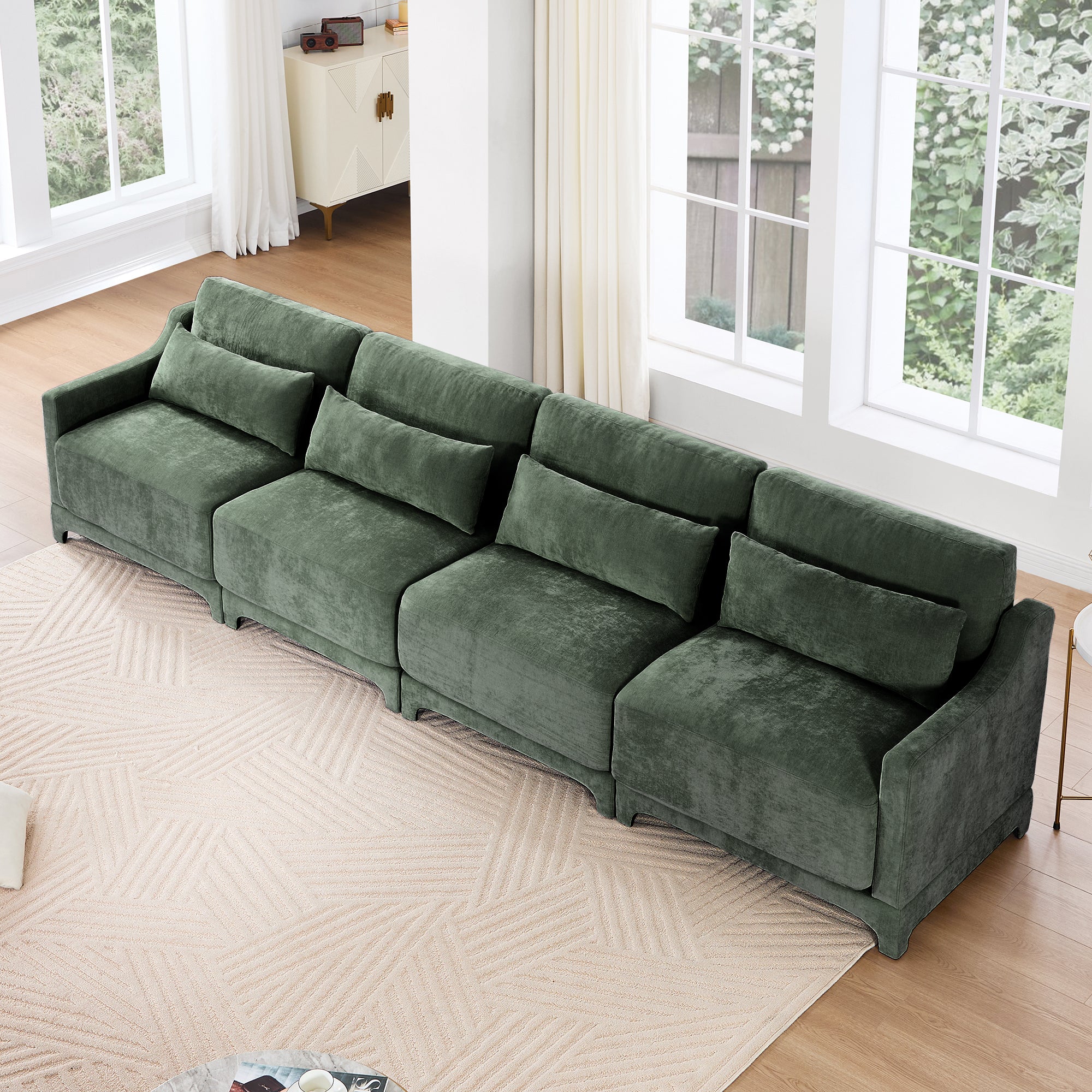 Four - seater chenille sofa with lumbar pillow,Ergonomic, solid wood frame, high - resilience sponge, easy install,Suits hotels, lounges,Green