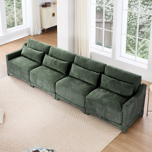 Four - seater chenille sofa with lumbar pillow,Ergonomic, solid wood frame, high - resilience sponge, easy install,Suits hotels, lounges,Green