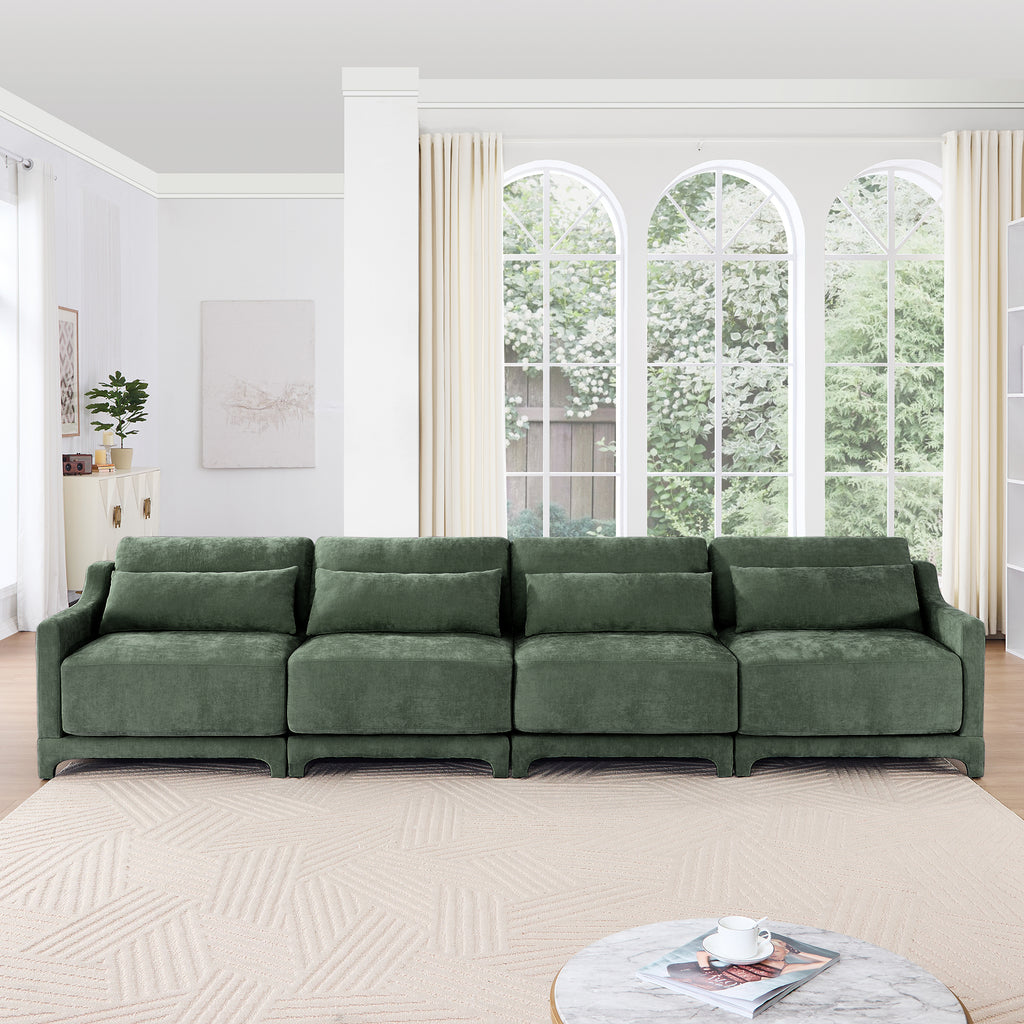 Four - seater chenille sofa with lumbar pillow,Ergonomic, solid wood frame, high - resilience sponge, easy install,Suits hotels, lounges,Green