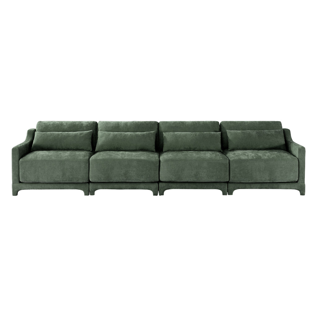 Four - seater chenille sofa with lumbar pillow,Ergonomic, solid wood frame, high - resilience sponge, easy install,Suits hotels, lounges,Green