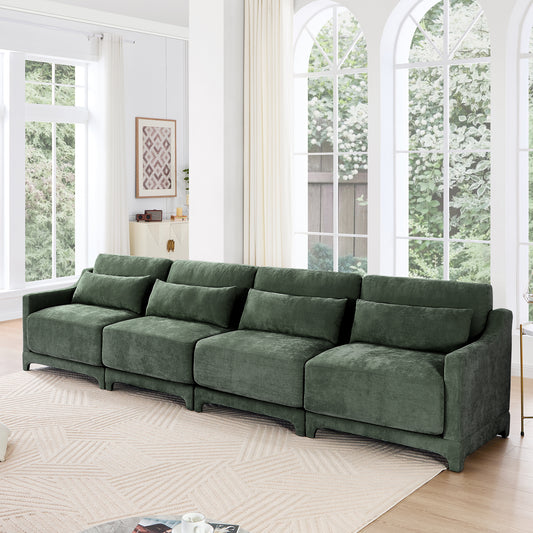 Four - seater chenille sofa with lumbar pillow,Ergonomic, solid wood frame, high - resilience sponge, easy install,Suits hotels, lounges,Green