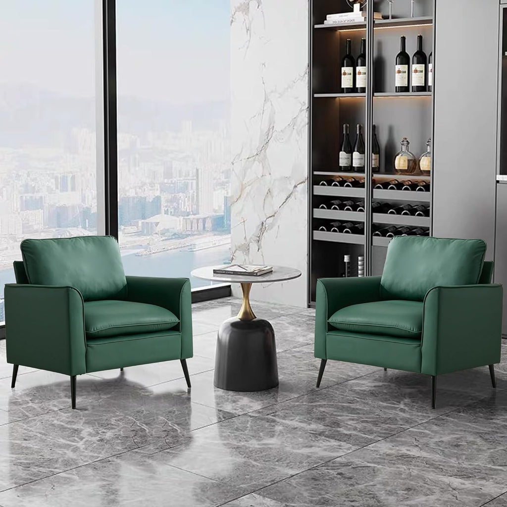 TS Nordic Retro Green Leather Upholstered Sofa Chair 2PC Casual Living Room Balcony Bedroom Lounge Chair with Soft Pillows Accent Chair