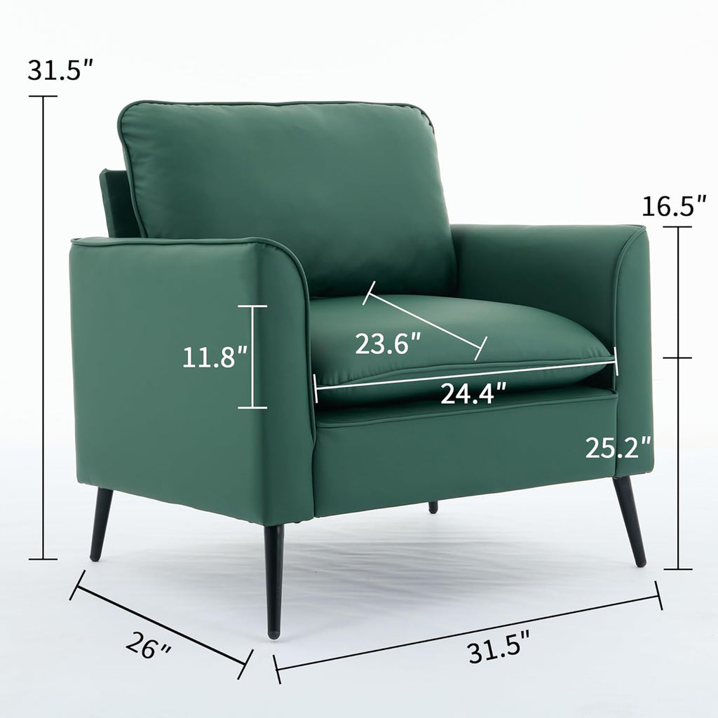 TS Nordic Retro Green Leather Upholstered Sofa Chair 2PC Casual Living Room Balcony Bedroom Lounge Chair with Soft Pillows Accent Chair
