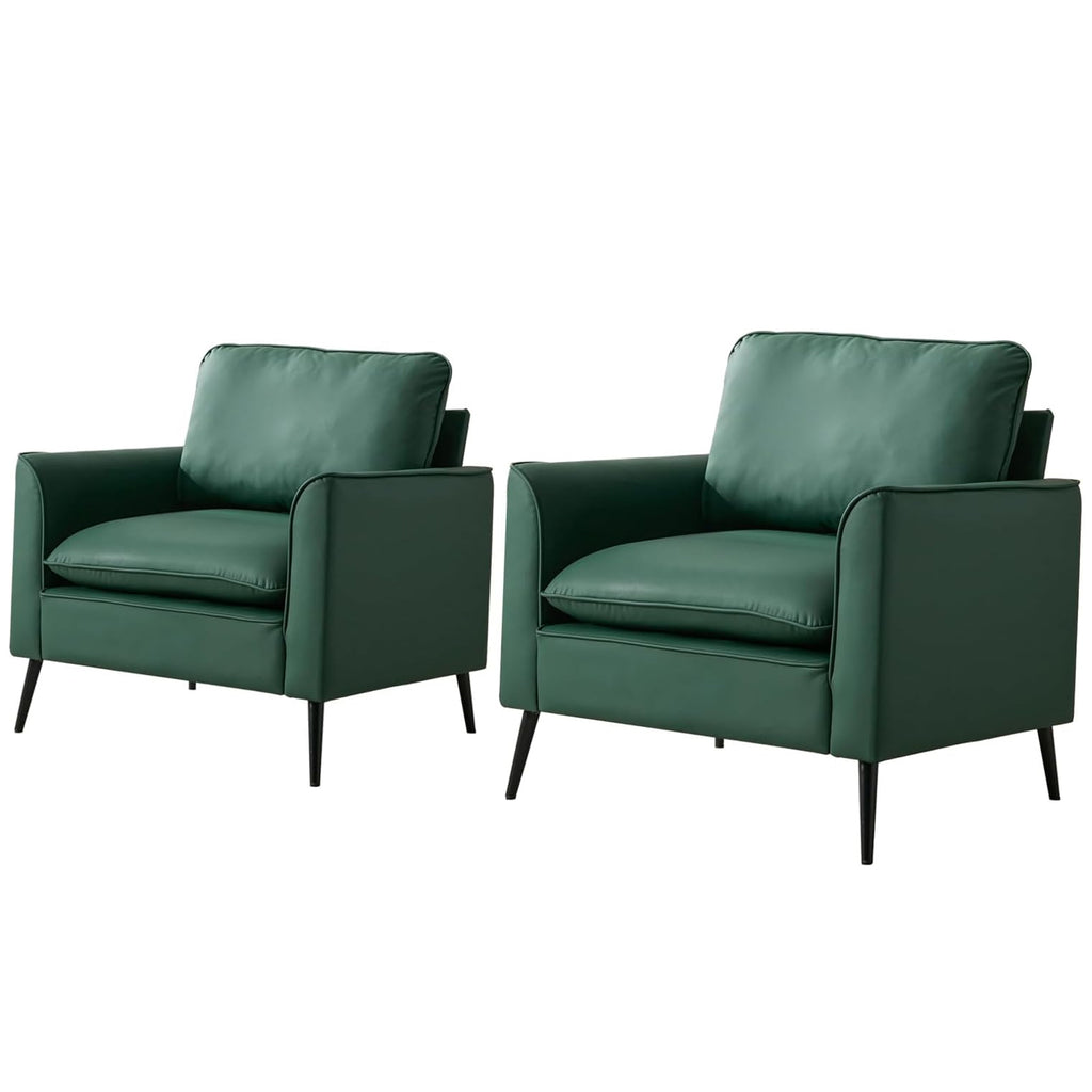 TS Nordic Retro Green Leather Upholstered Sofa Chair 2PC Casual Living Room Balcony Bedroom Lounge Chair with Soft Pillows Accent Chair