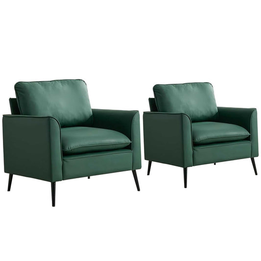 TS Nordic Retro Green Leather Upholstered Sofa Chair 2PC Casual Living Room Balcony Bedroom Lounge Chair with Soft Pillows Accent Chair