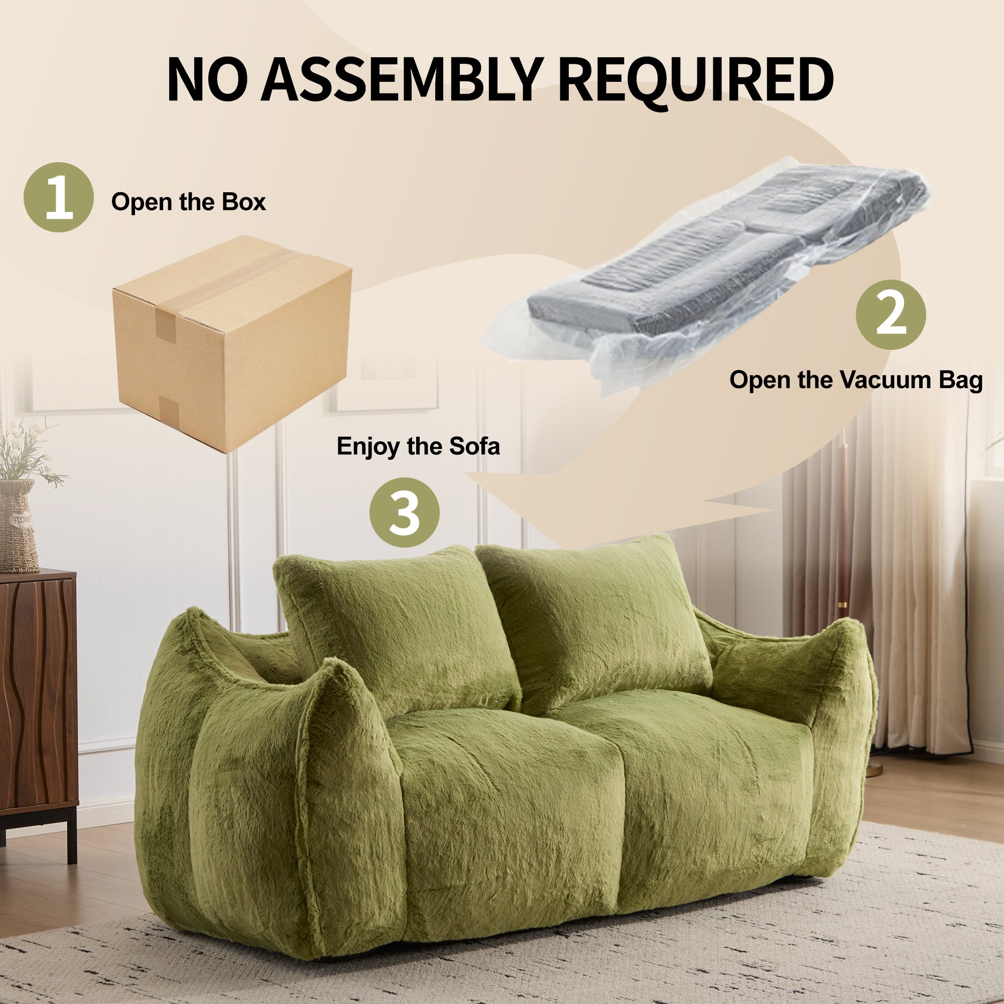 Giant Bean Bag Couch for Adults, Ultra Soft Fluffy Loveseat Bean Bag Sofa, Oversized Chase Lounge Chair Indoor for Living Room Bedroom, No Assembly Required Cozy Reading Chair with Pillows, Green