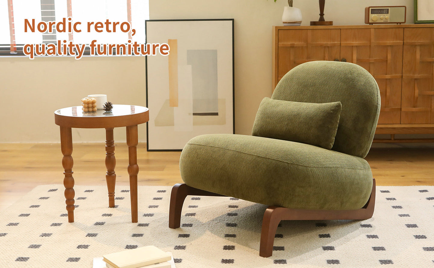 Cute Accent Chair with Solid Wood Legs, Velvet Living Room Chair with Soft Cushion, Cozy Bedroom Chair, Comfy Armless Reading Chair for Apartment, Waiting Room, Balcony (Green) Accent Chair