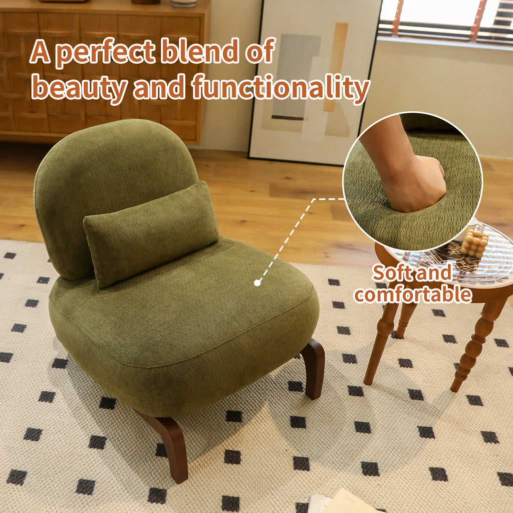 Cute Accent Chair with Solid Wood Legs, Velvet Living Room Chair with Soft Cushion, Cozy Bedroom Chair, Comfy Armless Reading Chair for Apartment, Waiting Room, Balcony (Green) Accent Chair