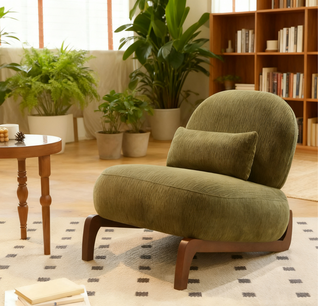 Cute Accent Chair with Solid Wood Legs, Velvet Living Room Chair with Soft Cushion, Cozy Bedroom Chair, Comfy Armless Reading Chair for Apartment, Waiting Room, Balcony (Green) Accent Chair