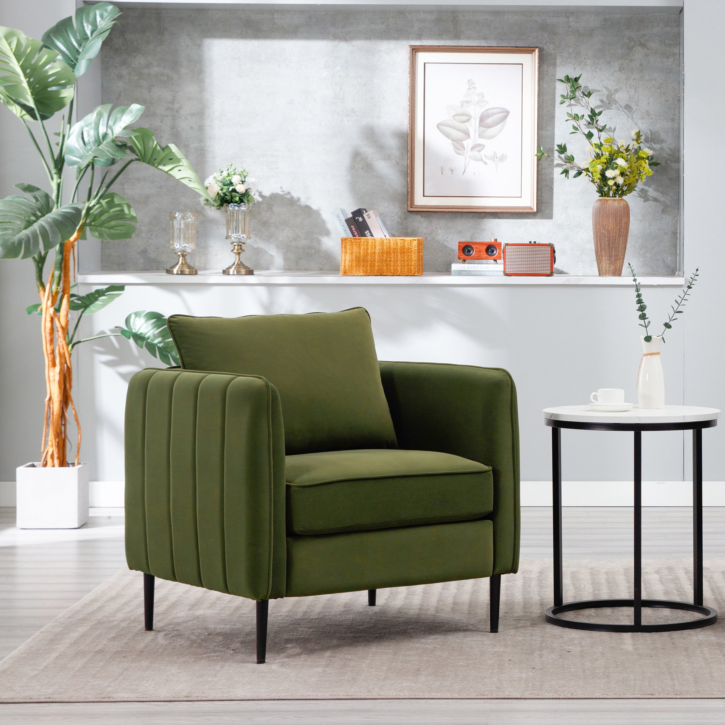 Accent Chair for Living Room, Velvet Comfy Single Sofa Chair Mid-Century Modern Armchair with 1 Pillow and Metal Legs for Bedroom Office Reading