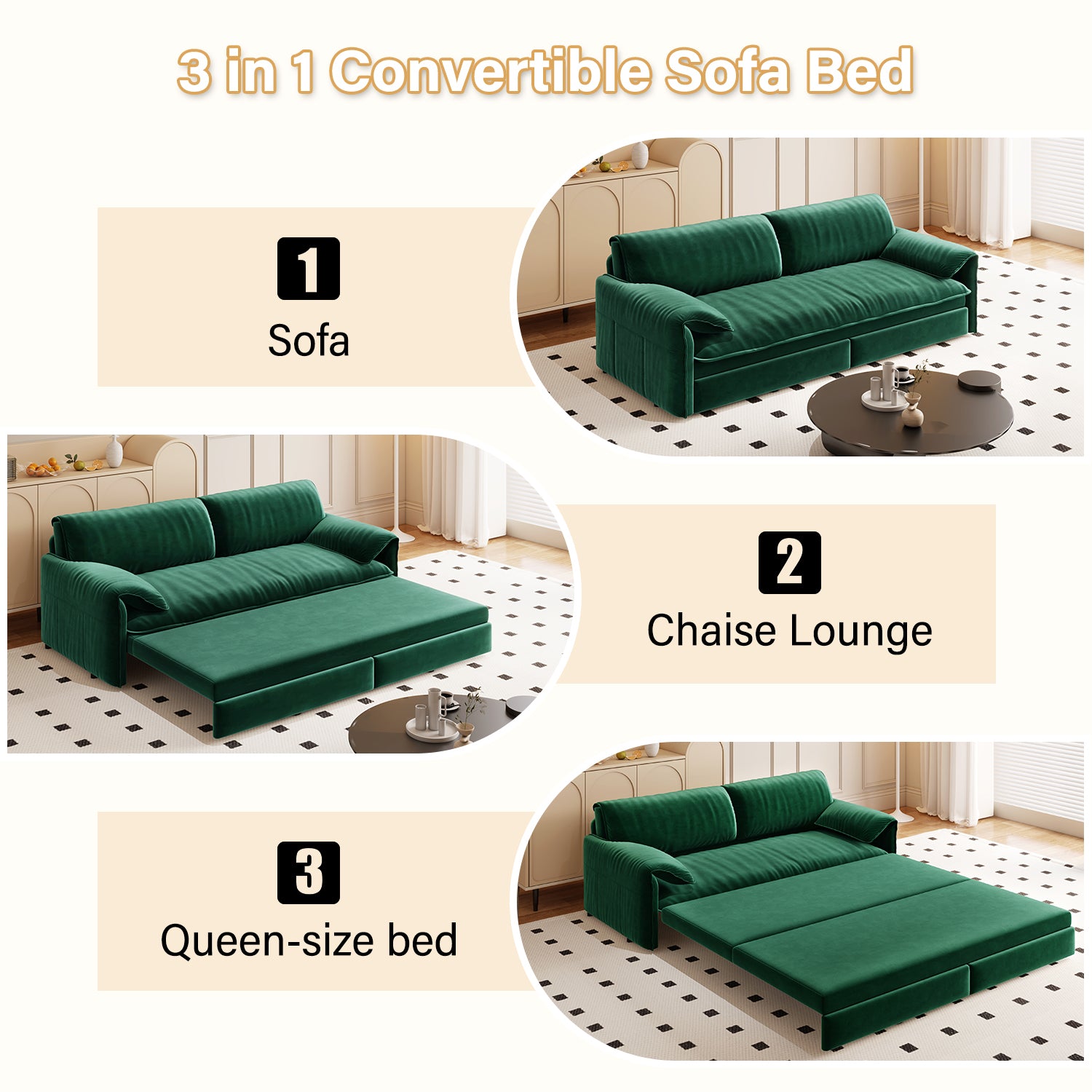 66' Queen Pull Out Sofa Bed, 3-in-1 Convertible Sleeper Sofa with Side Storage,Multi-Functional Velvet Loveseat Bed for Living Room,Bedroom,Apartment,Office Sofa