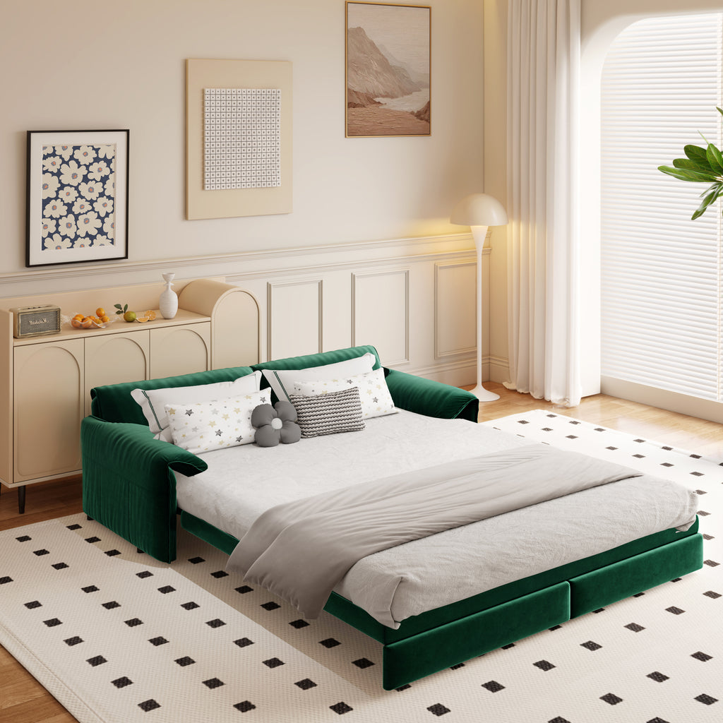 66' Queen Pull Out Sofa Bed, 3-in-1 Convertible Sleeper Sofa with Side Storage,Multi-Functional Velvet Loveseat Bed for Living Room,Bedroom,Apartment,Office Sofa